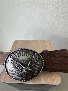 Cody James -Brown Leather Belt with Eagle Flag Buckle